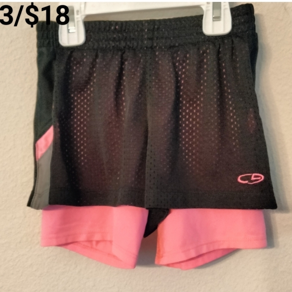 CHAMPION girls black pink gray athletic shorts with biker short layered
